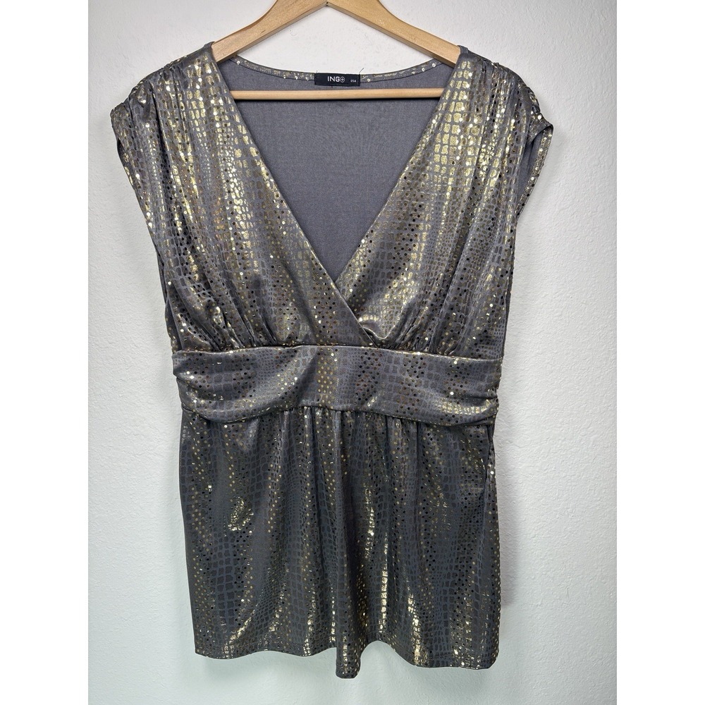 ING NYE Gold Metallic Babydoll Empire Waist Top Polka Dots Vneck Holiday Party
